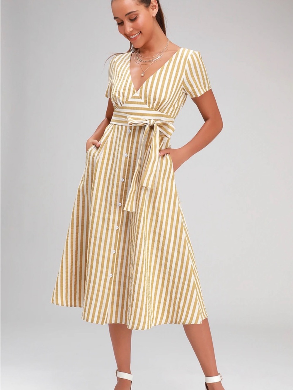 Lulu's Yellow and White Striped Wrap Midi Dress